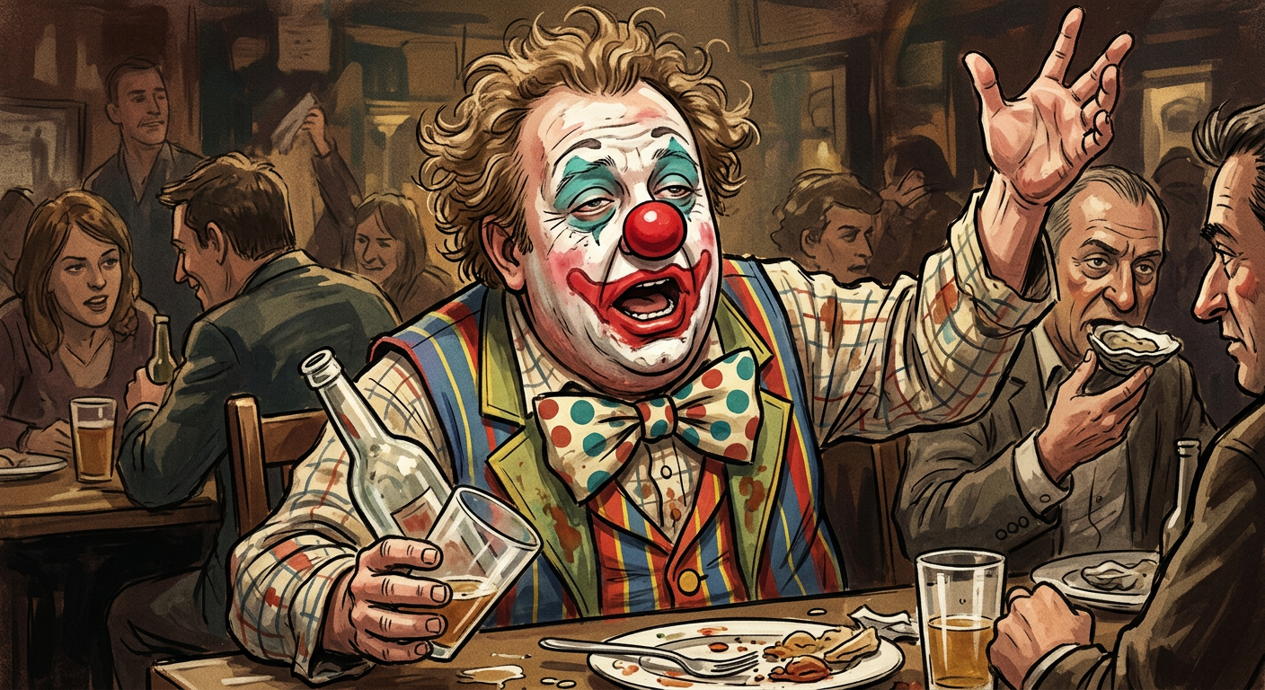 AI-generated clown portrait of Average white guy, light brown hair, no facial hair. Drun...