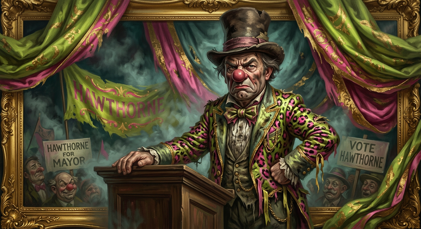 AI-generated clown portrait of Mayor Hawthorne
